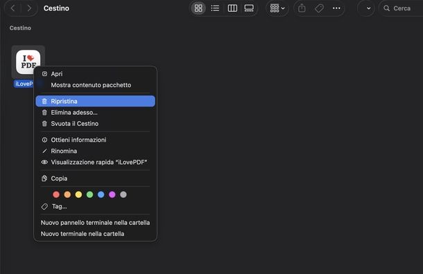 Ripristinare applicazioni rimosse da Cestino macOS