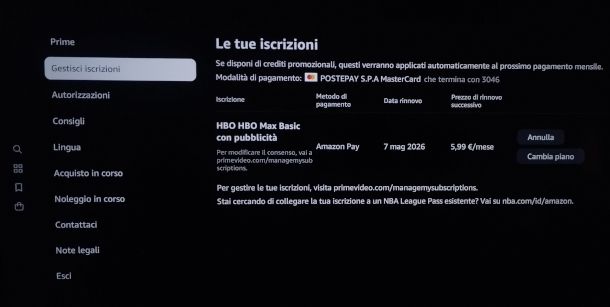 disattivazione canale HBO Max da app Prime Video su Smart TV