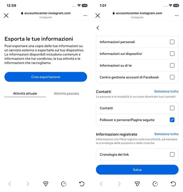 esportare richieste follow Instagram