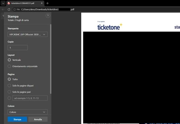 Stampare biglietti TicketOne Windows
