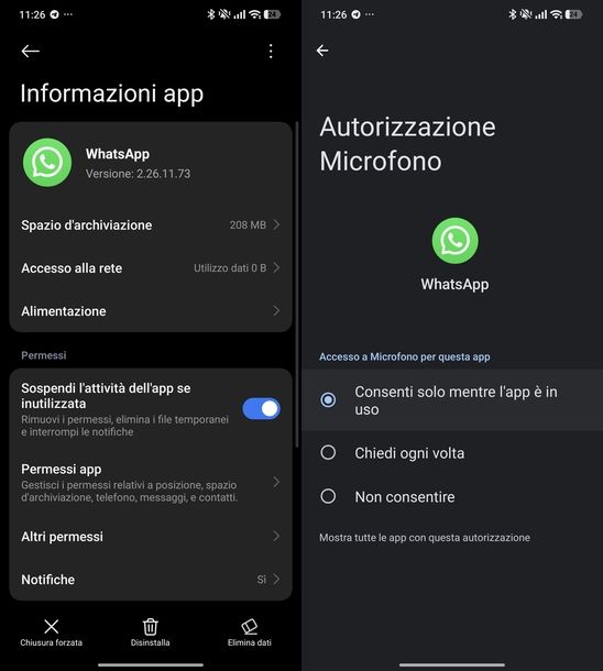 Attivare permesso microfono WhatsApp Android