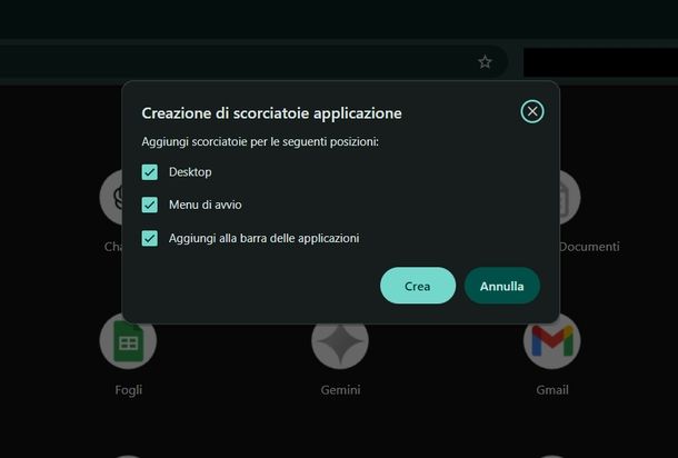 Creare collegamento sul desktop di pagina Web Chrome PC