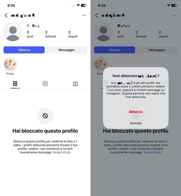 rimuovere blocco Instagram app