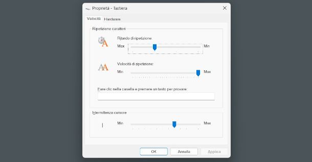 impostazioni velocit&agrave; tastiera Windows