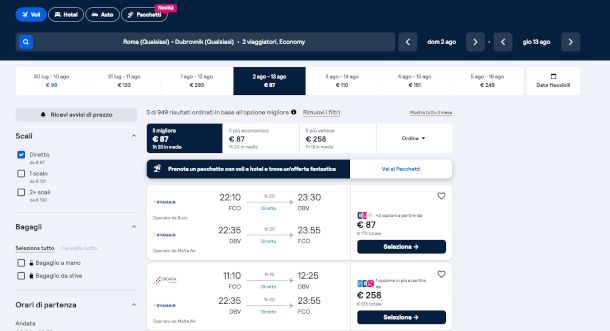 selezione volo su sito Skyscanner