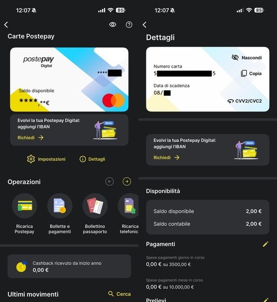 Vedere numero carta Postepay su app