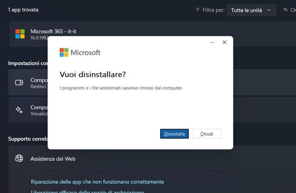 Disinstallare Microsoft 365 Windows