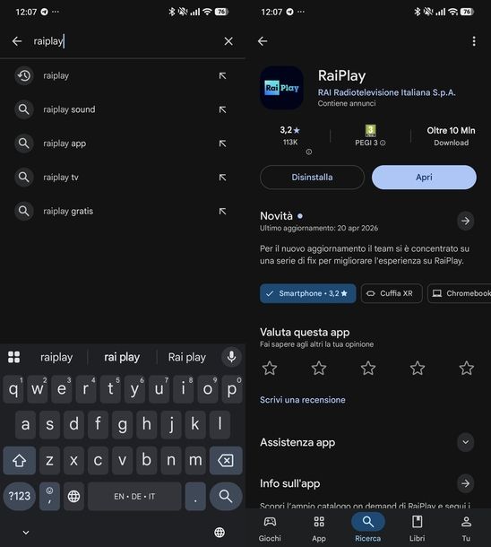 Aggiornare RaiPlay Android
