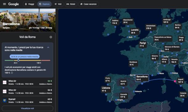 mappa voli su Google Voli