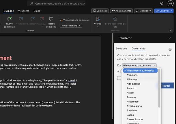 Tradurre documento Word Online