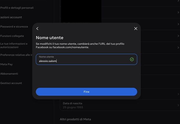 Modificare nome utente Facebook Web