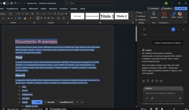 Tradurre documento Word Copilot Windows