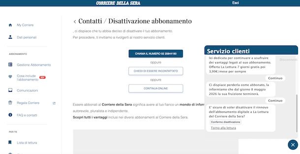 Come disdire abbonamento Corriere della Sera da PC