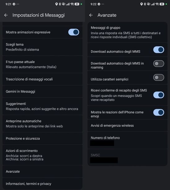 Attivare conferma recapito SMS Messaggi Google Android