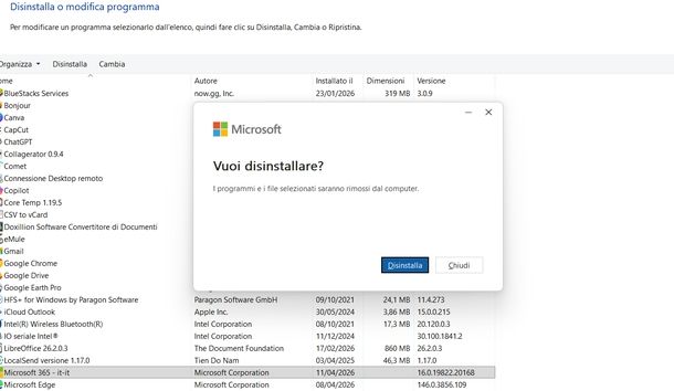 Disinstallare Microsoft 365 Windows Pannello di Controllo