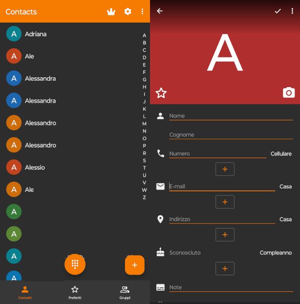 schermate app Contatti Semplici