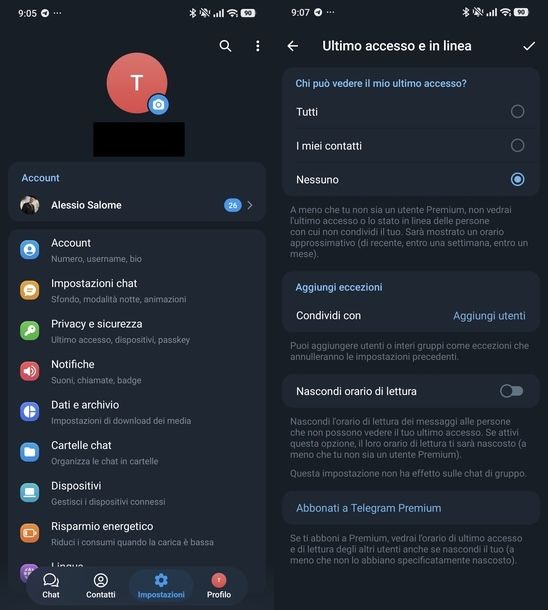 Nascondere ultimo accesso online Telegram Android