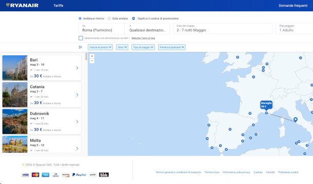 mappa interattiva sito Ryanair