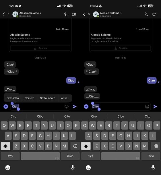 Scrivere in grassetto Microsoft Teams iOS