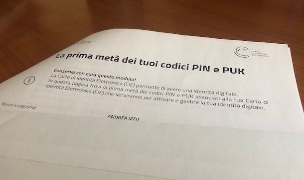 Prima parte PIN e PUK CIE