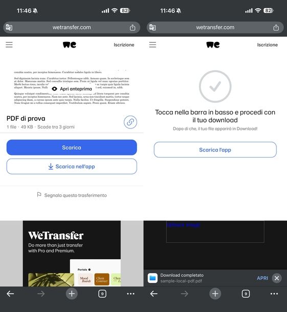 Scaricare file WeTransfer via browser iOS