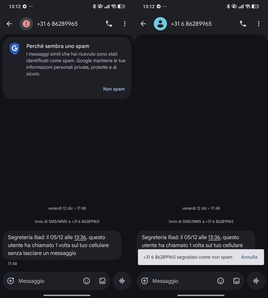 Contrassegnare come non spam numero Messaggi Google