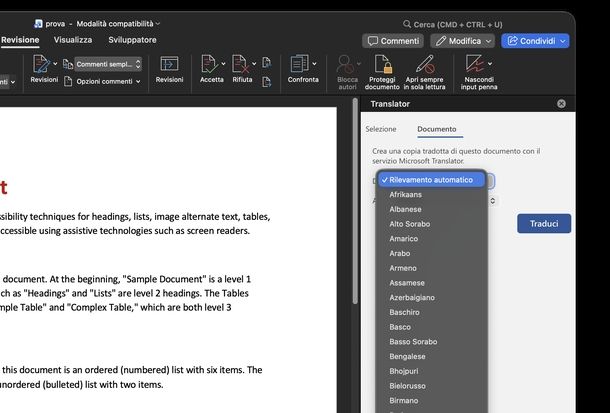 Tradurre documento Word macOS
