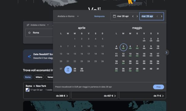 funzione calendario su Google Voli