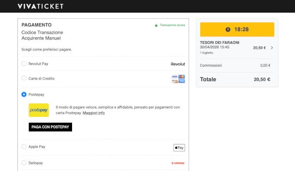 metodo di pagamento Paga con Postepay su sito Vivaticket