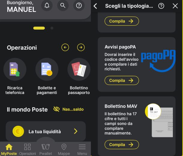 schermate app Poste Italiane