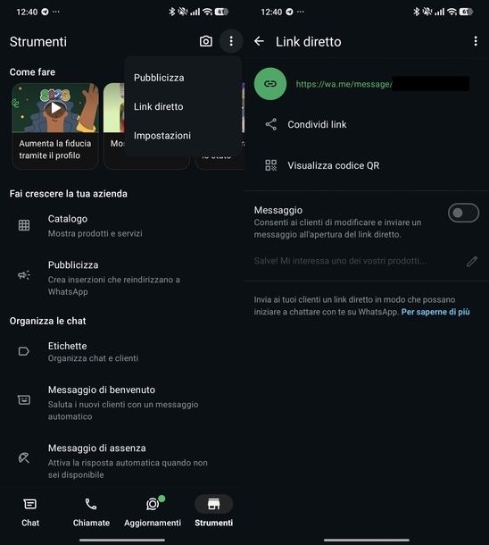 Creare link WhatsApp Business Android