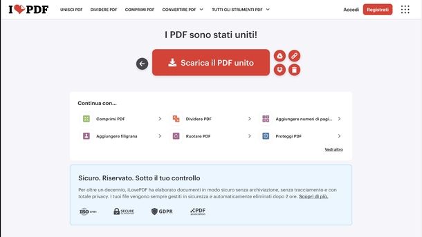 Unire due PDF iLovePDF online
