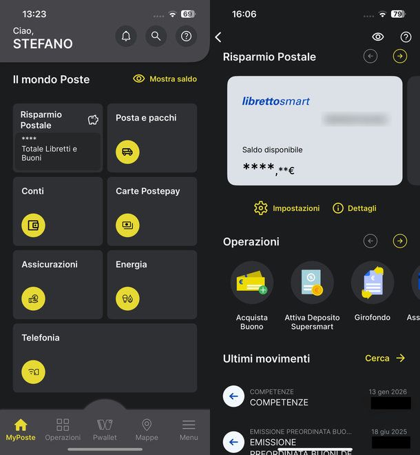 Homepage e Risparmio Postale nell'app Poste Italiane