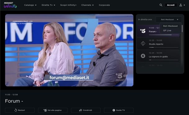 Mediaset Infinity sito Web