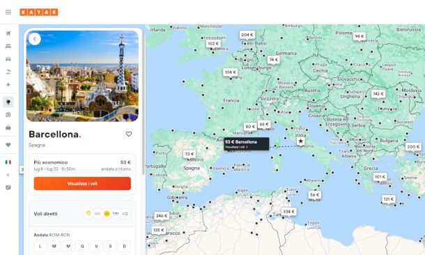 mappa delle destinazioni su sito Kayak