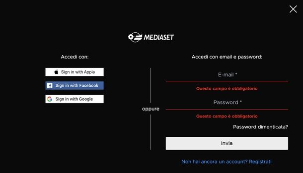 Mediaset Infinity sito Web