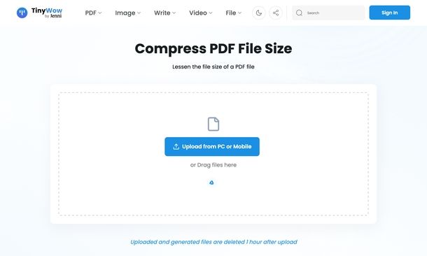 Diminuire dimensioni PDF TinyWow