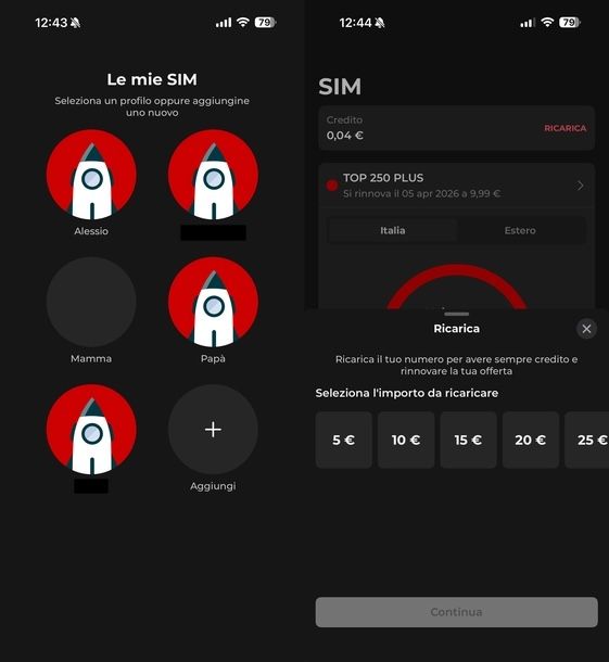 Ricaricare altra SIM iliad app