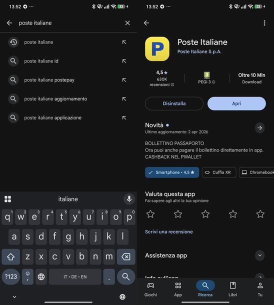 Aggiornare app Poste Italiane Android