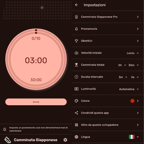 schermate app Camminata Giapponese