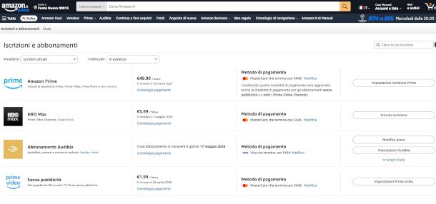 sezione Iscrizioni e abbonamenti sito Amazon