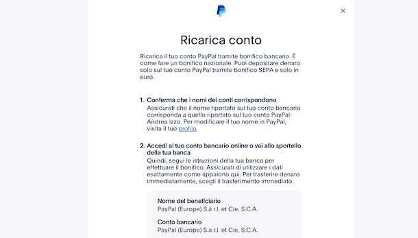Ricaricare conto PayPal