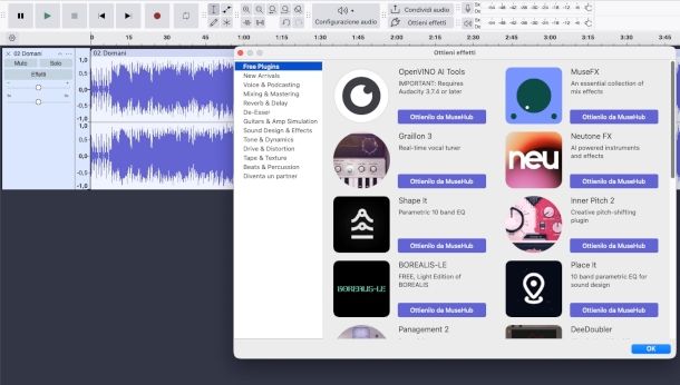 finestra estensioni Audacity