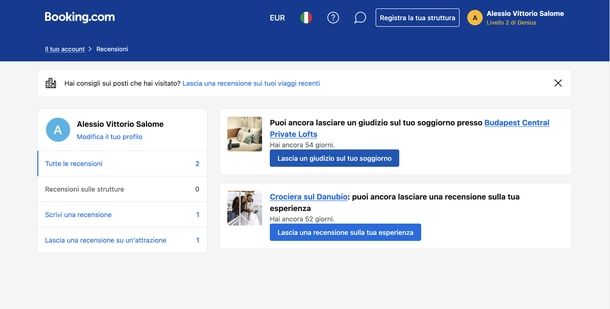 Fare recensione su Booking Web