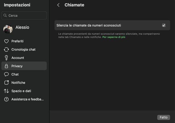 Bloccare chiamate sconosciute WhatsApp macOS