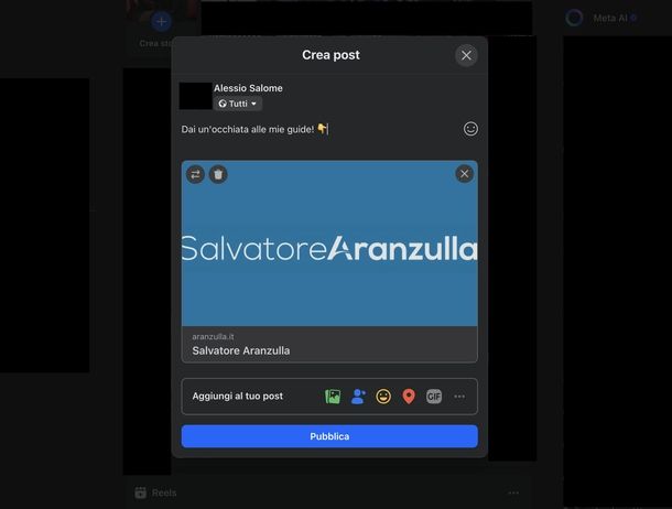 Aggiungere messaggio personalizzato link post Facebook
