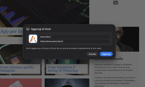 Creare collegamento sul desktop di pagina Web Safari macOS