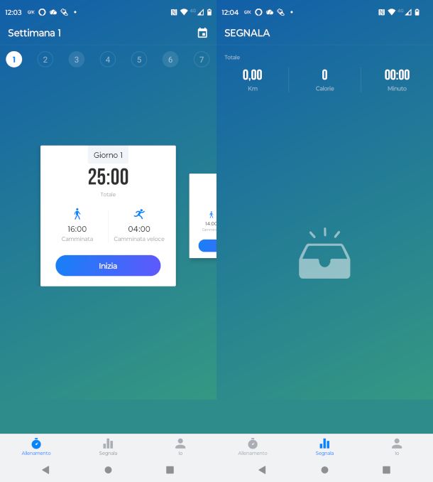 schermate app camminare per perdere peso