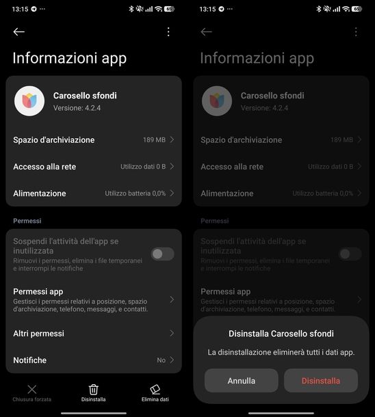 Disinstallare app Carosello Sfondi Xiaomi