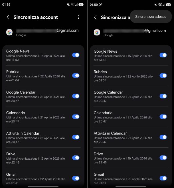 Sincronizzazione dati tramite account Google